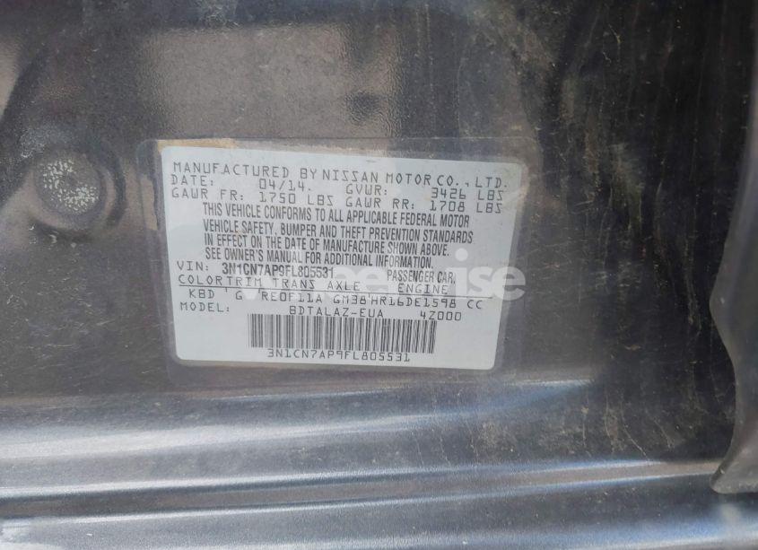 Photo 9 of 2015 Nissan Versa 1.6 S+ (VIN 3N1CN7AP9FL805531)