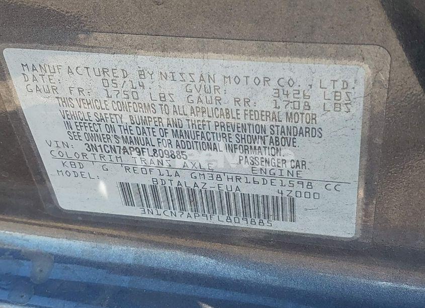 Photo 9 of 2015 Nissan Versa 1.6 S+ (VIN 3N1CN7AP9FL809885)