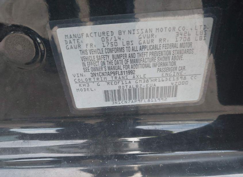 Photo 9 of 2015 Nissan Versa 1.6 SV (VIN 3N1CN7AP9FL811992)