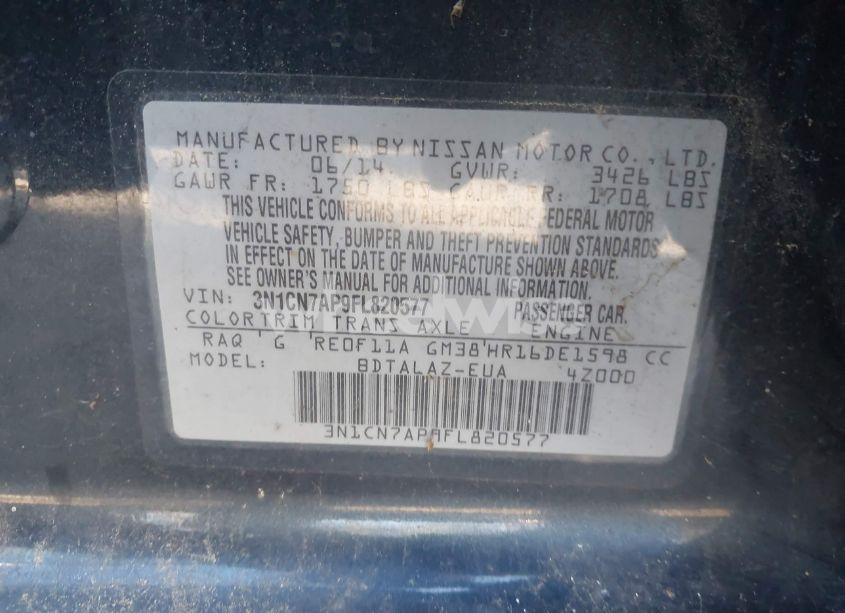 Photo 9 of 2015 Nissan Versa 1.6 S+ (VIN 3N1CN7AP9FL820577)