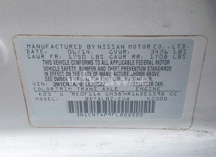 Photo 9 of 2015 Nissan Versa 1.6 SV (VIN 3N1CN7AP9FL825522)