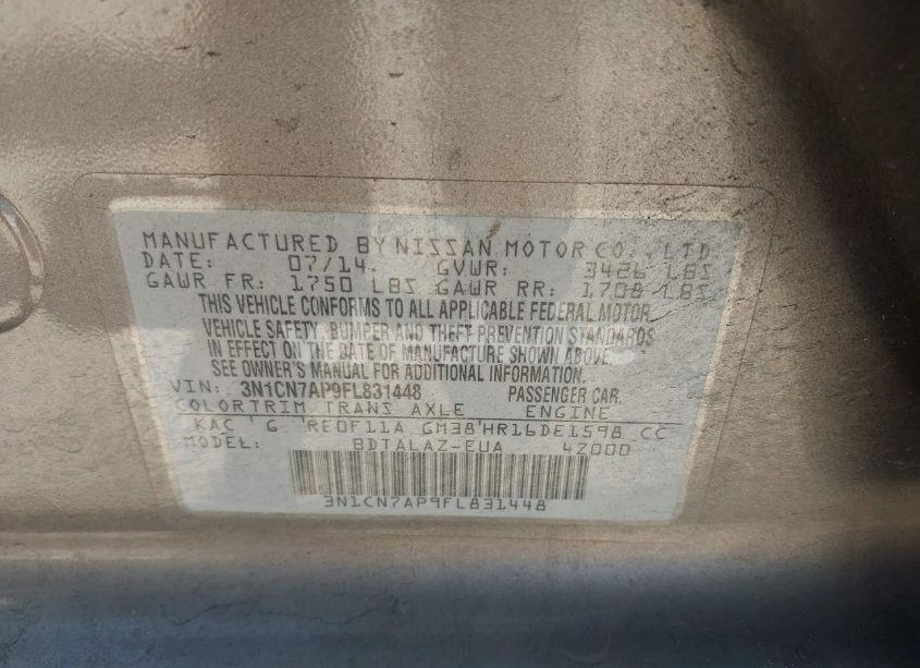 Photo 9 of 2015 Nissan Versa 1.6 S+ (VIN 3N1CN7AP9FL831448)