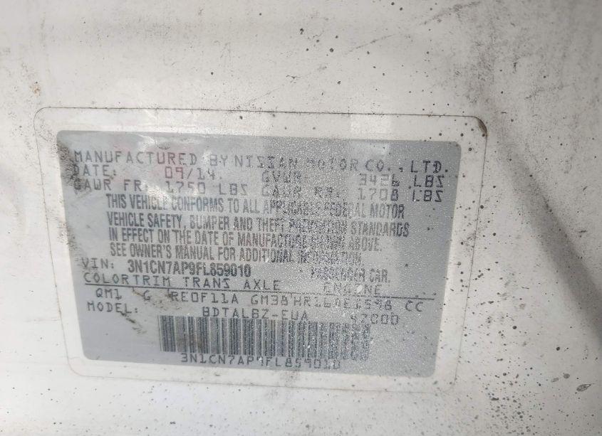 Photo 9 of 2015 Nissan Versa 1.6 S/1.6 S+/1.6 SL/1.6 SV (VIN 3N1CN7AP9FL859010)