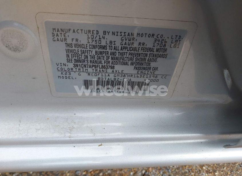 Photo 9 of 2015 Nissan Versa 1.6 SV (VIN 3N1CN7AP9FL863798)