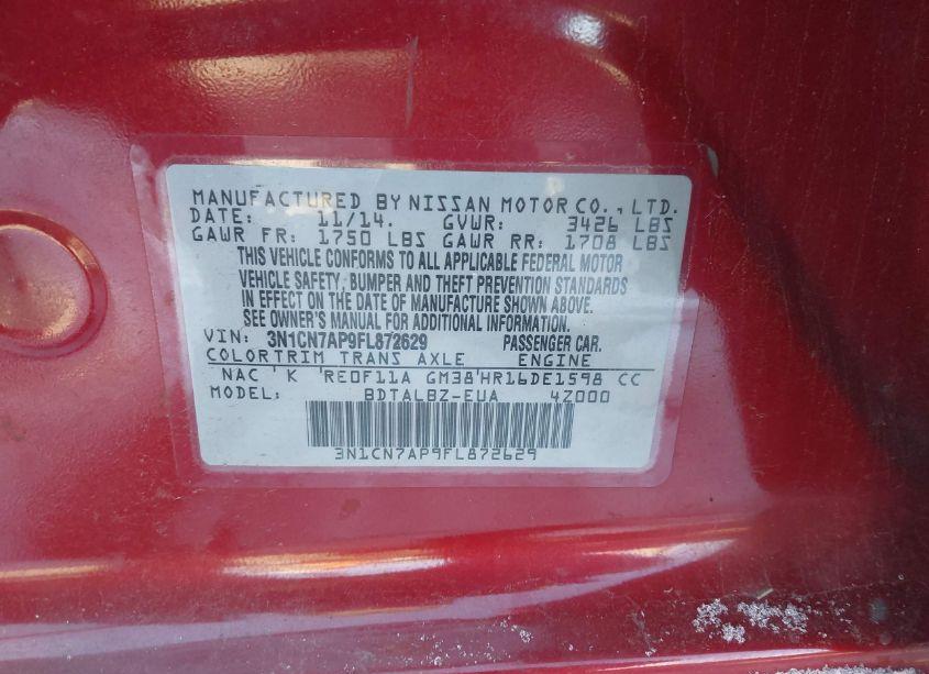 Photo 9 of 2015 Nissan Versa 1.6 SV (VIN 3N1CN7AP9FL872629)