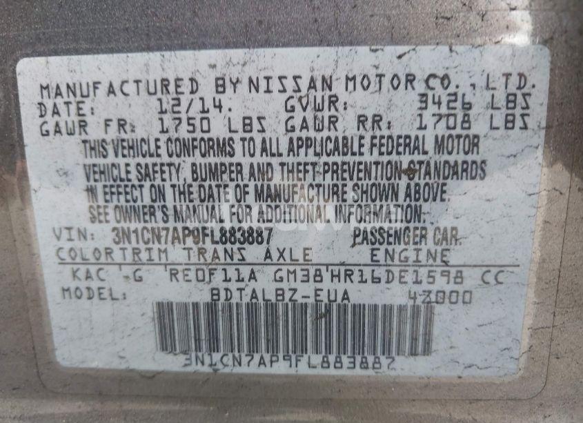 Photo 9 of 2015 Nissan Versa 1.6 SV (VIN 3N1CN7AP9FL883887)