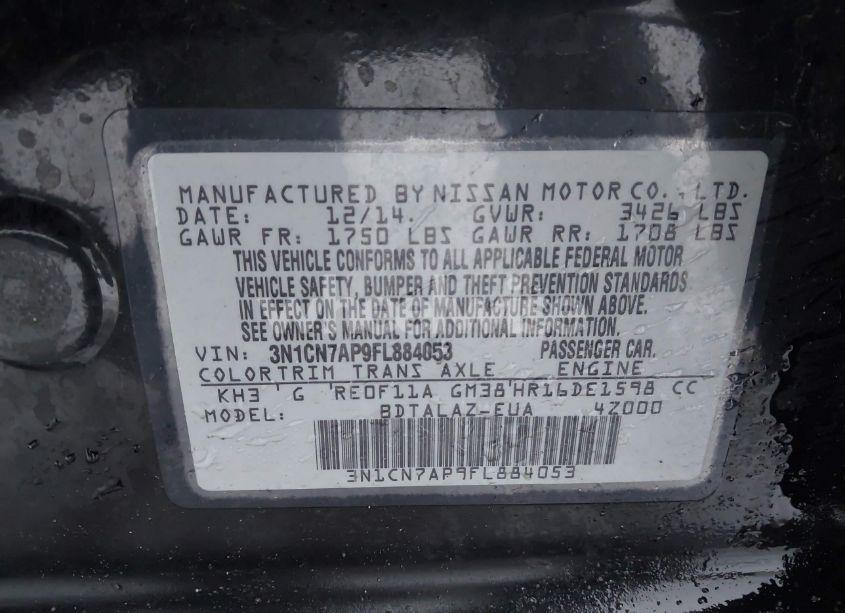 Photo 9 of 2015 Nissan Versa 1.6 S+ (VIN 3N1CN7AP9FL884053)