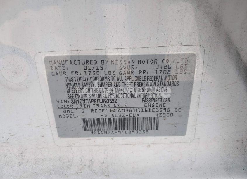 Photo 9 of 2015 Nissan Versa 1.6 SV (VIN 3N1CN7AP9FL893352)