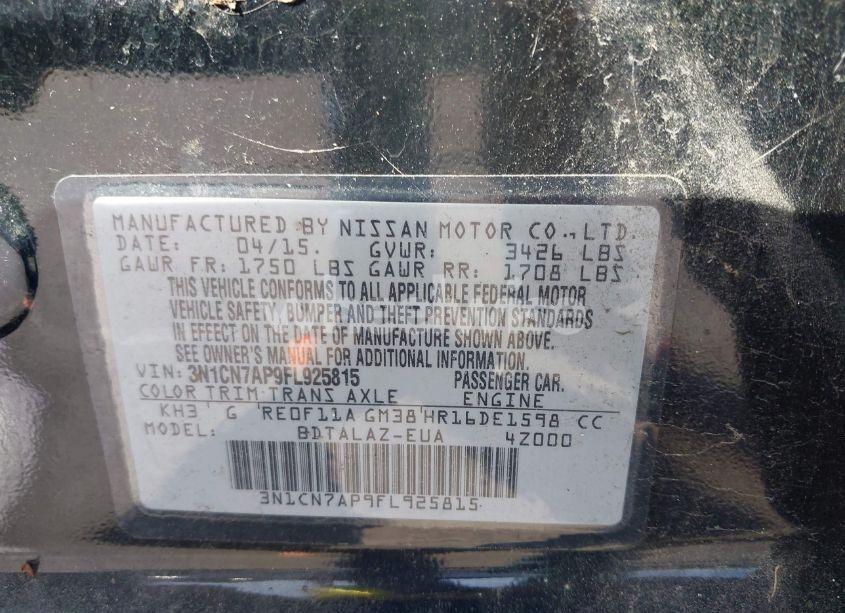 Photo 9 of 2015 Nissan Versa 1.6 S+ (VIN 3N1CN7AP9FL925815)