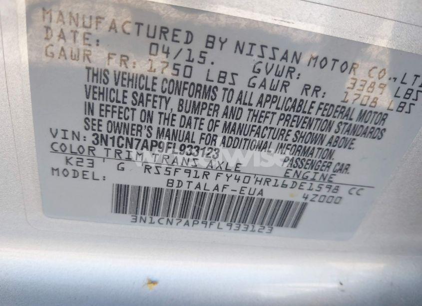 Photo 9 of 2015 Nissan Versa 1.6 S (VIN 3N1CN7AP9FL933123)