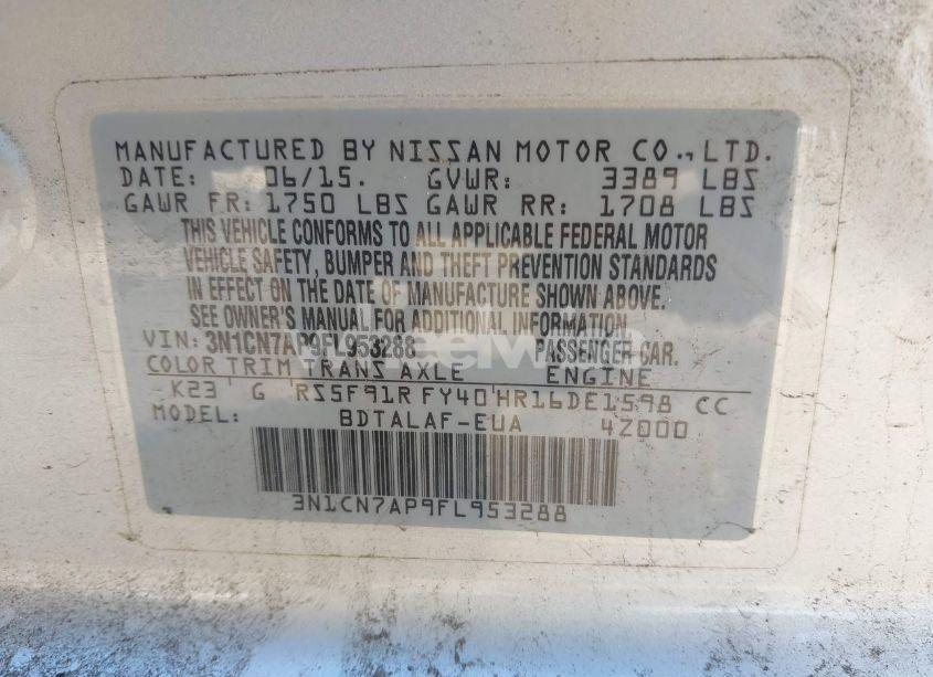 Photo 9 of 2015 Nissan Versa 1.6 S (VIN 3N1CN7AP9FL953288)