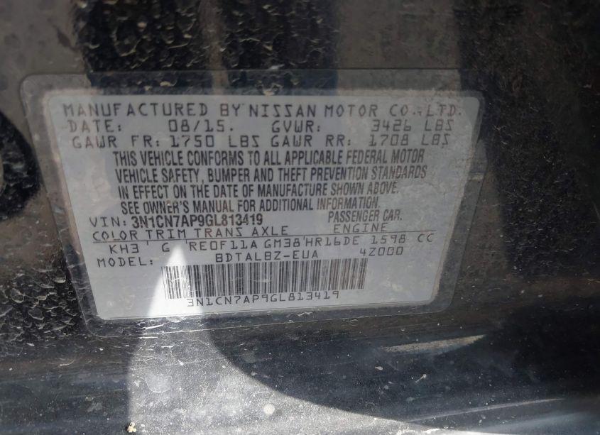 Photo 9 of 2016 Nissan Versa 1.6 S/1.6 S+/1.6 SL/1.6 SV (VIN 3N1CN7AP9GL813419)