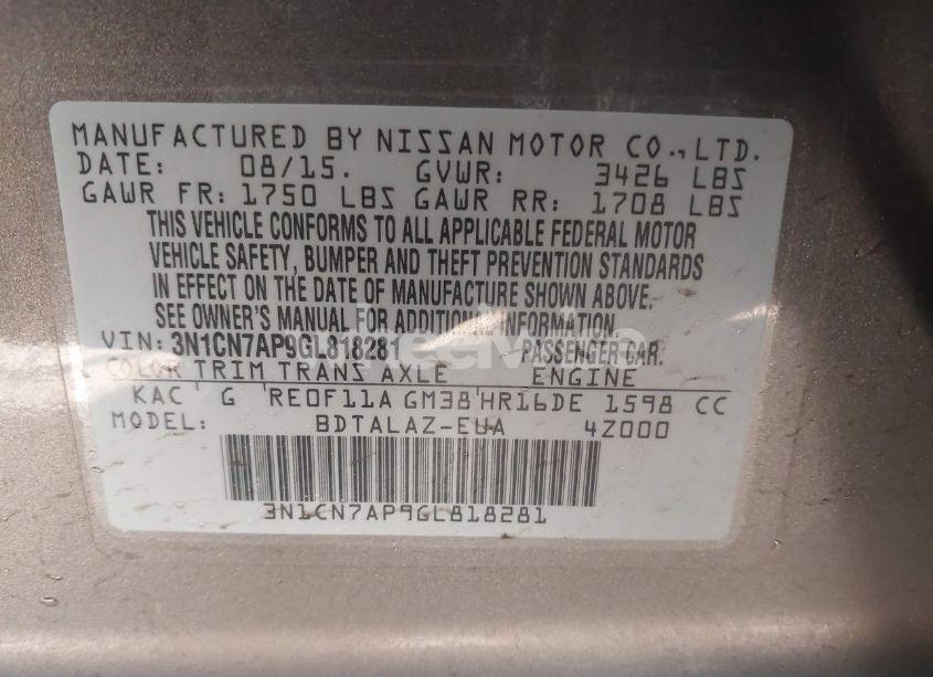 Photo 9 of 2016 Nissan Versa 1.6 S+ (VIN 3N1CN7AP9GL818281)