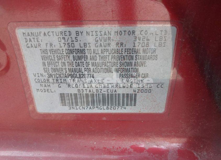 Photo 9 of 2016 Nissan Versa 1.6 S/1.6 S+/1.6 SL/1.6 SV (VIN 3N1CN7AP9GL820774)