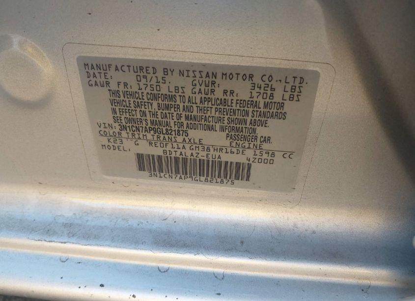 Photo 9 of 2016 Nissan Versa 1.6 S+ (VIN 3N1CN7AP9GL821875)