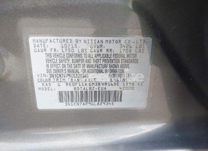 Photo 9 of 2016 Nissan Versa 1.6 S/1.6 S+/1.6 SL/1.6 SV (VIN 3N1CN7AP9GL829345)