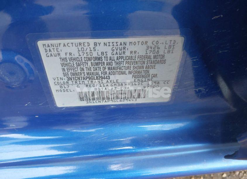 Photo 9 of 2016 Nissan Versa 1.6 S+ (VIN 3N1CN7AP9GL829443)