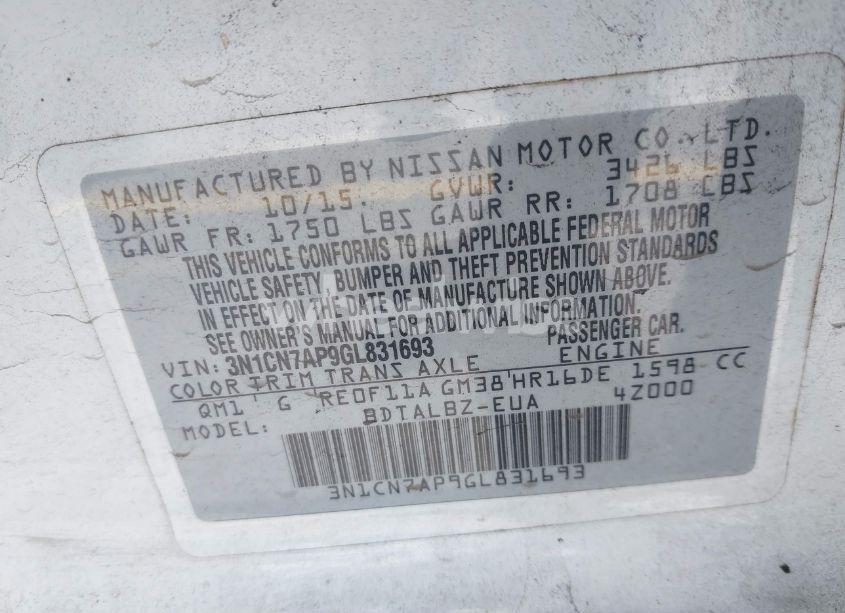 Photo 9 of 2016 Nissan Versa 1.6 S/1.6 S+/1.6 SL/1.6 SV (VIN 3N1CN7AP9GL831693)