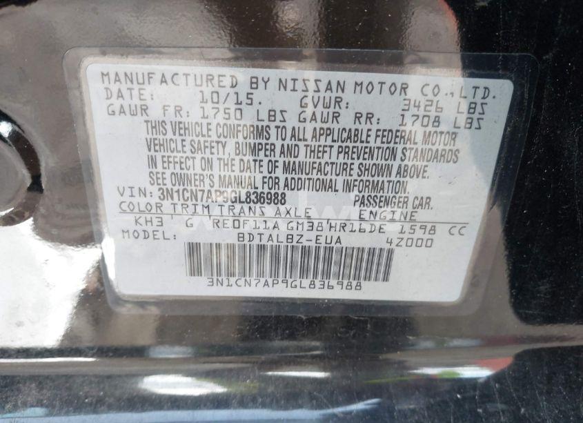 Photo 9 of 2016 Nissan Versa 1.6 SV (VIN 3N1CN7AP9GL836988)