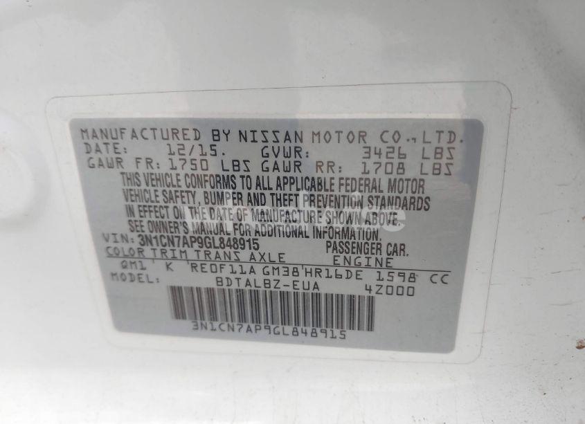 Photo 9 of 2016 Nissan Versa 1.6 SV (VIN 3N1CN7AP9GL848915)