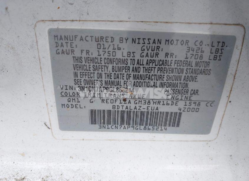 Photo 9 of 2016 Nissan Versa 1.6 S+ (VIN 3N1CN7AP9GL865214)