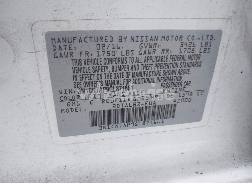 Photo 9 of 2016 Nissan Versa 1.6 S/1.6 S+/1.6 SL/1.6 SV (VIN 3N1CN7AP9GL871661)