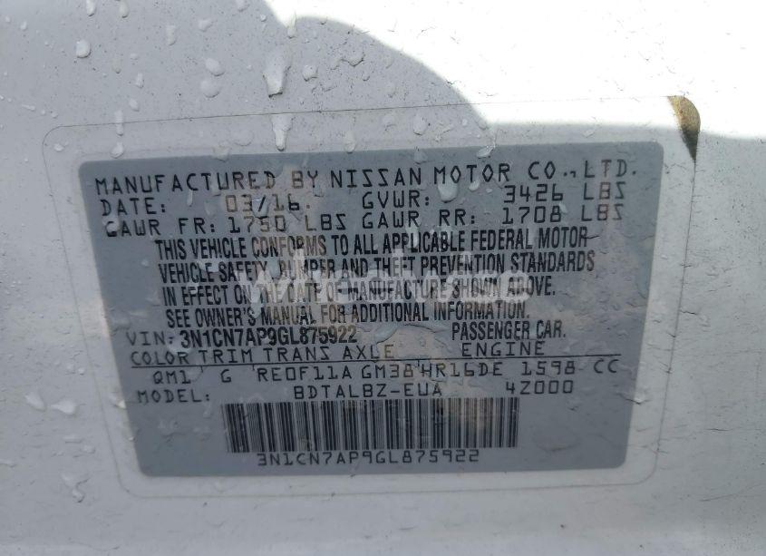 Photo 9 of 2016 Nissan Versa 1.6 S/1.6 S+/1.6 SL/1.6 SV (VIN 3N1CN7AP9GL875922)