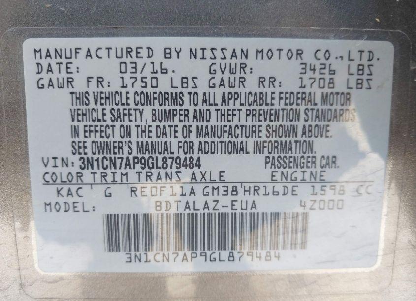 Photo 9 of 2016 Nissan Versa 1.6 S+ (VIN 3N1CN7AP9GL879484)