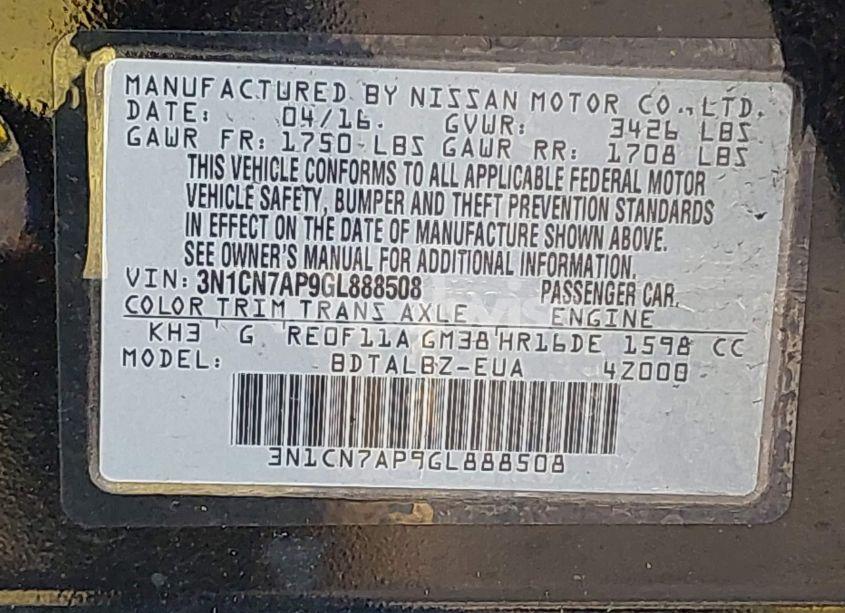 Photo 9 of 2016 Nissan Versa 1.6 S/1.6 S+/1.6 SL/1.6 SV (VIN 3N1CN7AP9GL888508)