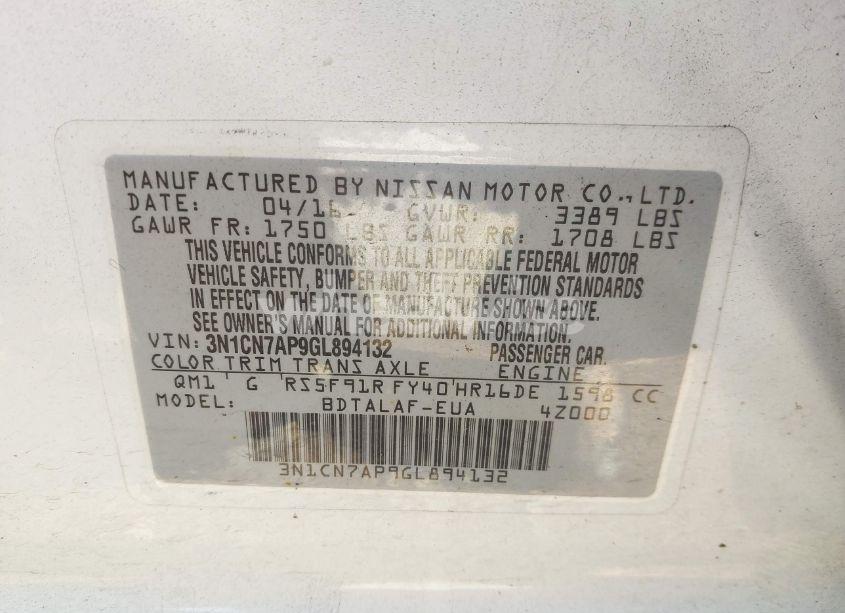 Photo 9 of 2016 Nissan Versa 1.6 S (VIN 3N1CN7AP9GL894132)