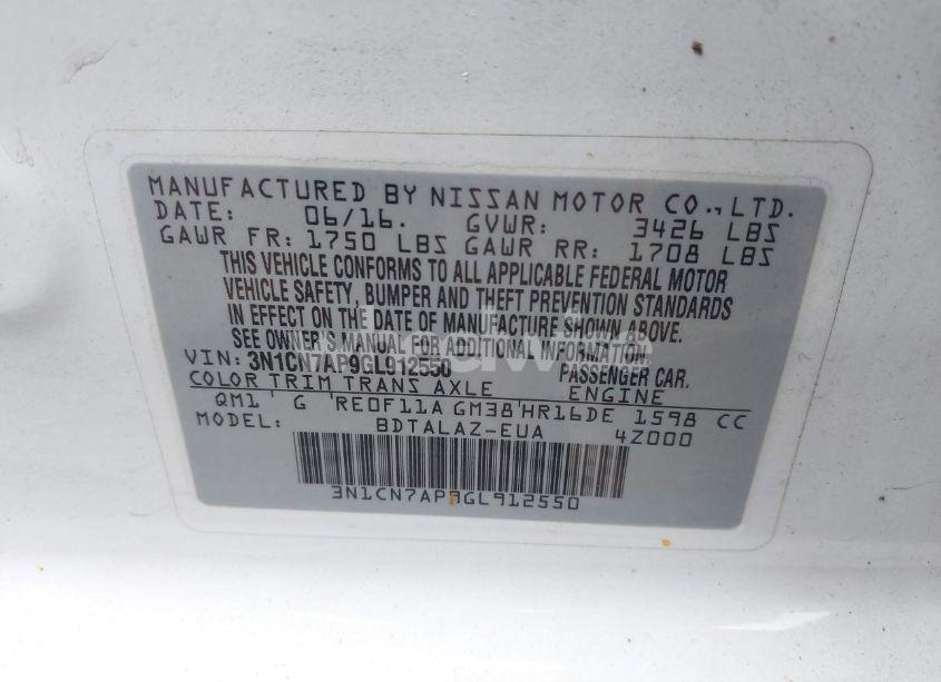 Photo 9 of 2016 Nissan Versa 1.6 S+ (VIN 3N1CN7AP9GL912550)