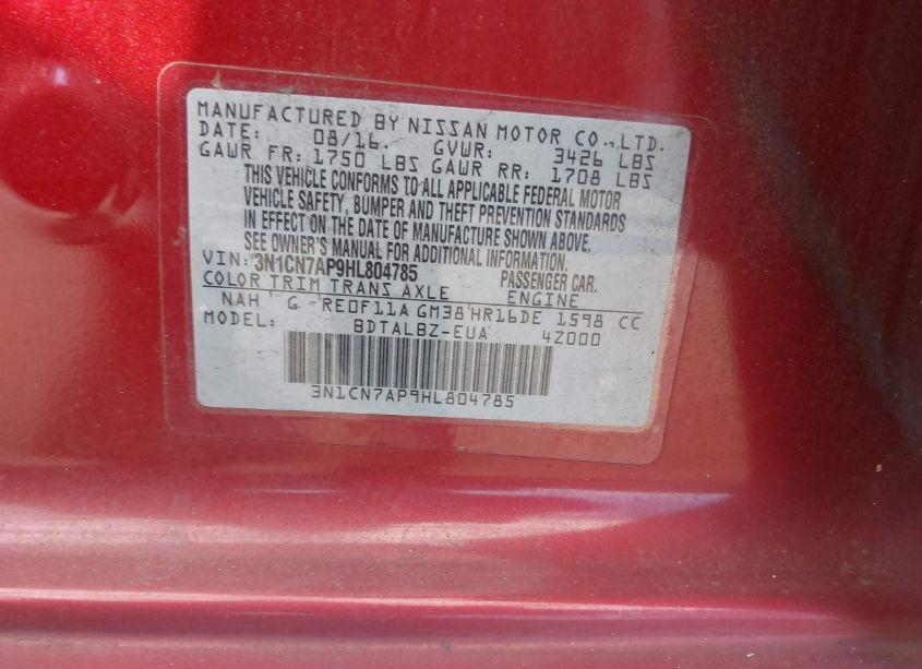 Photo 9 of 2017 Nissan Versa 1.6 S/1.6 S+/1.6 SL/1.6 SV (VIN 3N1CN7AP9HL804785)