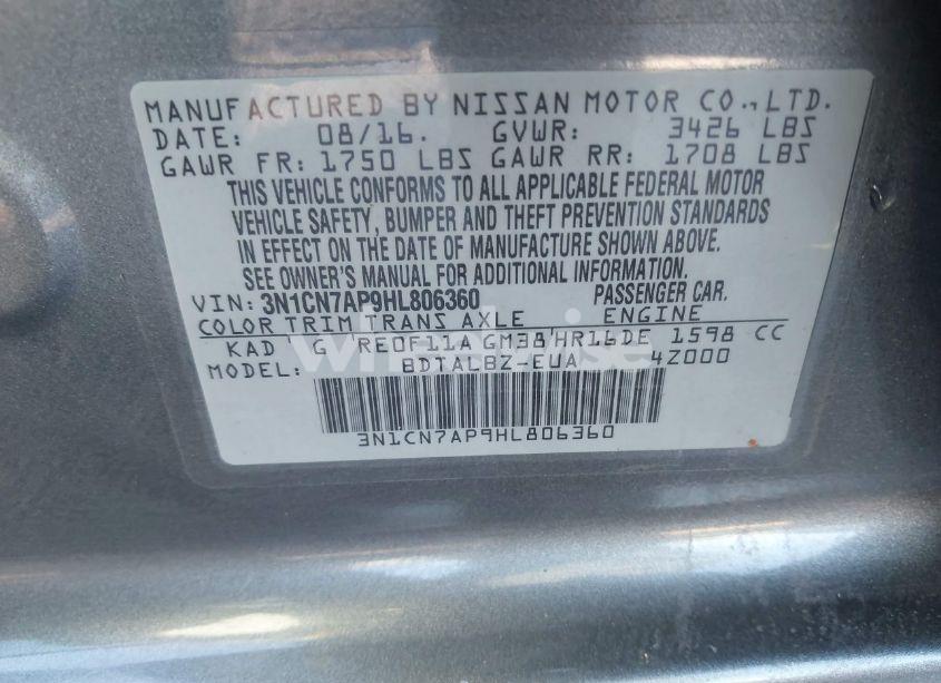 Photo 9 of 2017 Nissan Versa 1.6 SV (VIN 3N1CN7AP9HL806360)