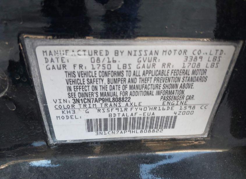 Photo 9 of 2017 Nissan Versa 1.6 S (VIN 3N1CN7AP9HL808822)