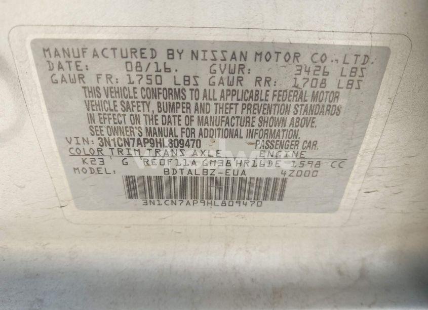 Photo 9 of 2017 Nissan Versa 1.6 SV (VIN 3N1CN7AP9HL809470)