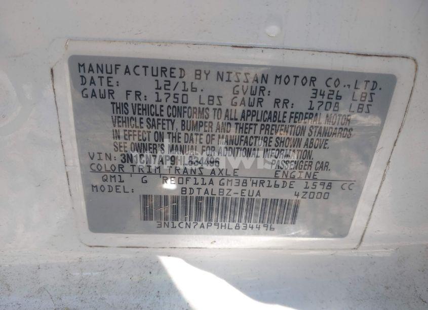 Photo 9 of 2017 Nissan Versa 1.6 SV (VIN 3N1CN7AP9HL834496)