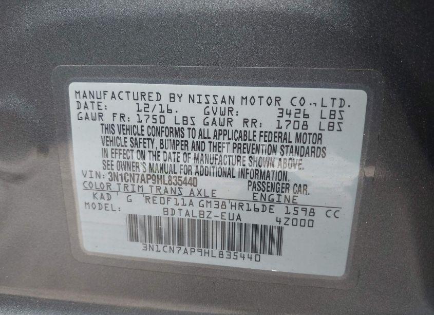 Photo 9 of 2017 Nissan Versa 1.6 SV (VIN 3N1CN7AP9HL835440)