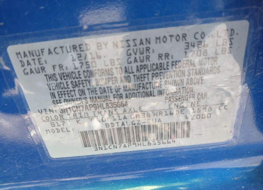 Photo 9 of 2017 Nissan Versa 1.6 SL (VIN 3N1CN7AP9HL835664)