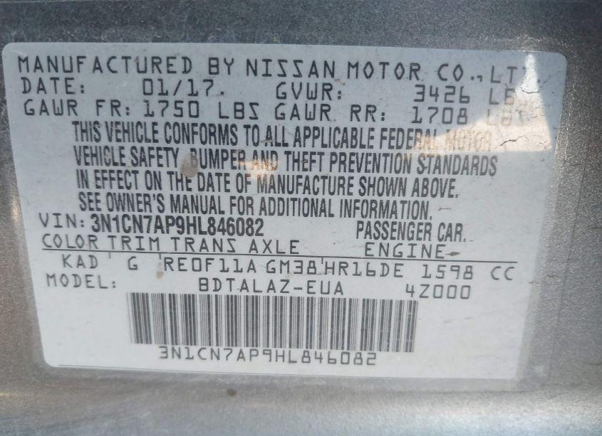 Photo 9 of 2017 Nissan Versa 1.6 S+ (VIN 3N1CN7AP9HL846082)