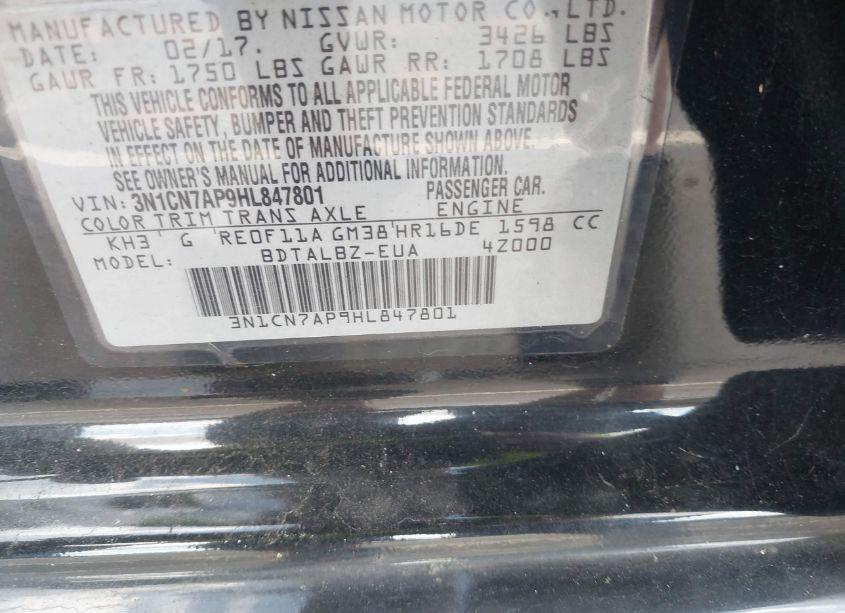 Photo 9 of 2017 Nissan Versa 1.6 SV (VIN 3N1CN7AP9HL847801)