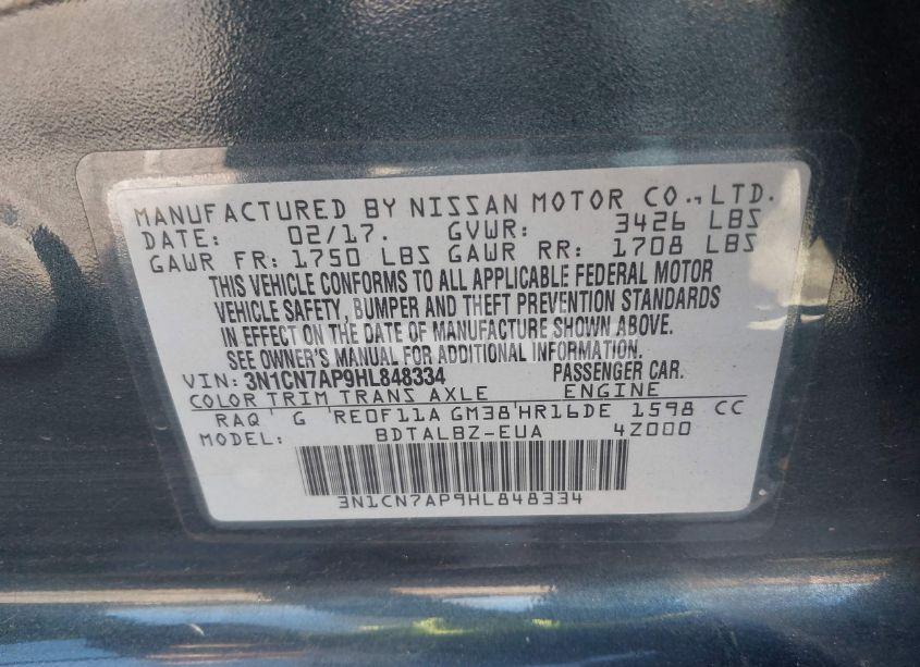 Photo 9 of 2017 Nissan Versa 1.6 SV (VIN 3N1CN7AP9HL848334)