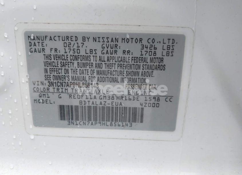 Photo 9 of 2017 Nissan Versa 1.6 S+ (VIN 3N1CN7AP9HL856143)
