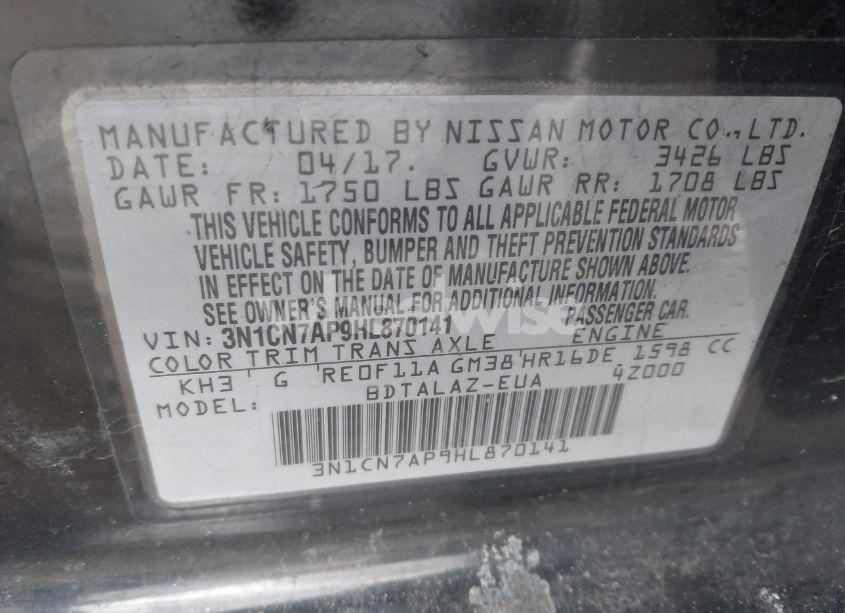 Photo 9 of 2017 Nissan Versa 1.6 S+ (VIN 3N1CN7AP9HL870141)