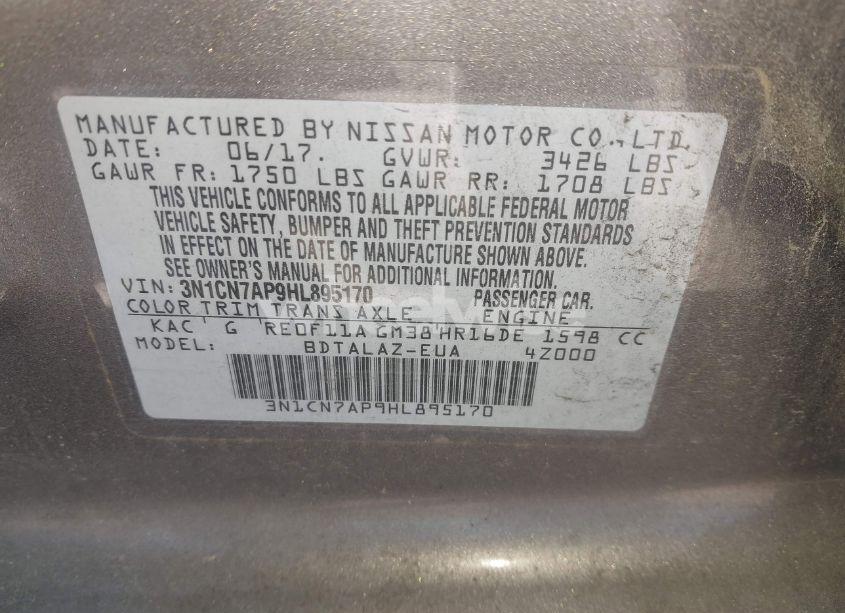 Photo 9 of 2017 Nissan Versa 1.6 S+ (VIN 3N1CN7AP9HL895170)