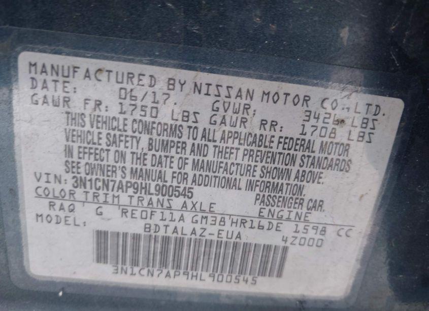 Photo 9 of 2017 Nissan Versa 1.6 S+ (VIN 3N1CN7AP9HL900545)