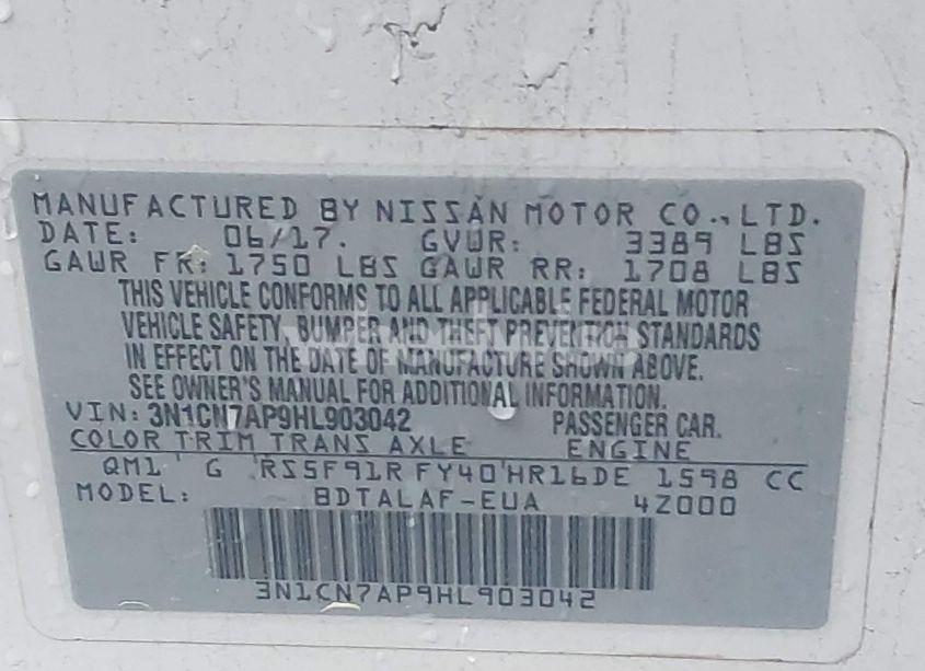 Photo 9 of 2017 Nissan Versa 1.6 S (VIN 3N1CN7AP9HL903042)