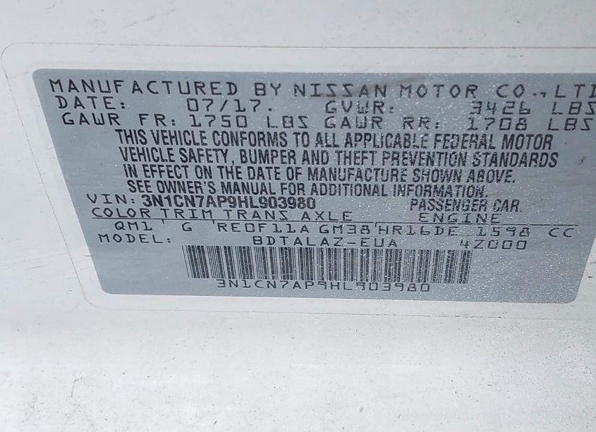 Photo 9 of 2017 Nissan Versa 1.6 S+ (VIN 3N1CN7AP9HL903980)