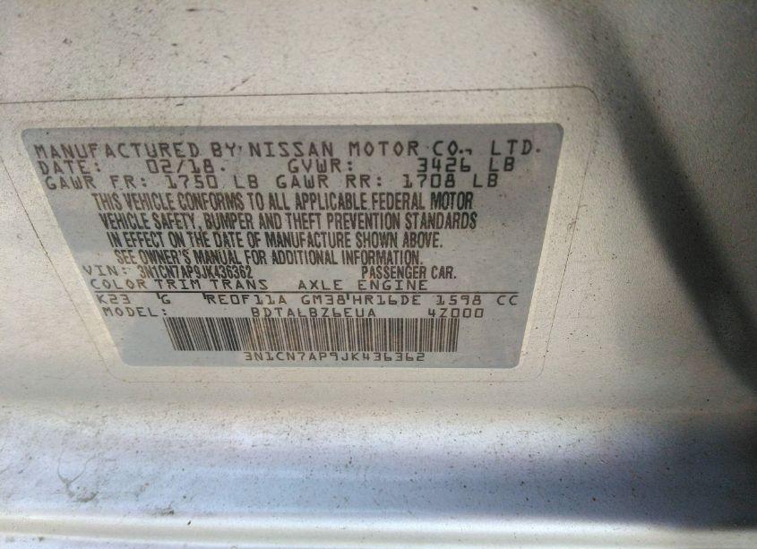 Photo 9 of 2018 Nissan Versa 1.6 SV (VIN 3N1CN7AP9JK436362)