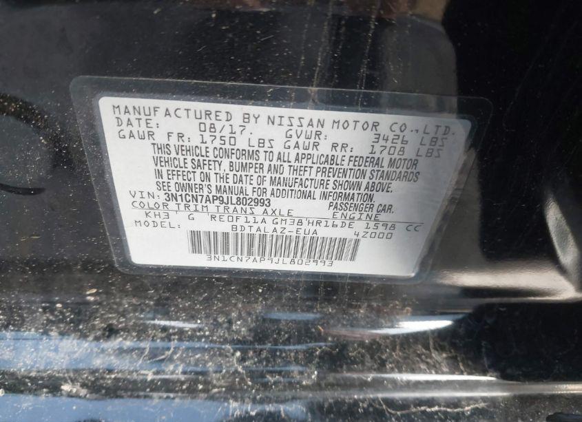 Photo 9 of 2018 Nissan Versa 1.6 S+ (VIN 3N1CN7AP9JL802993)