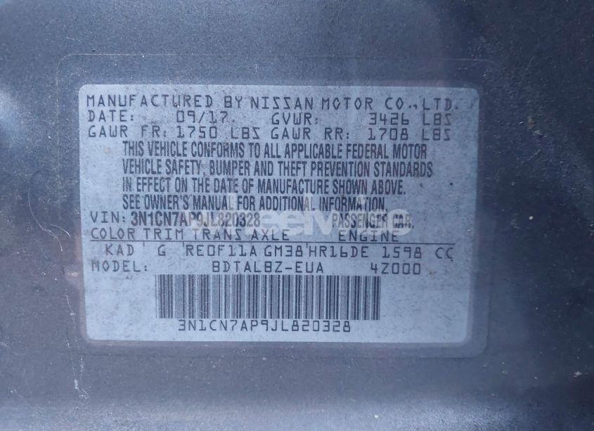 Photo 9 of 2018 Nissan Versa 1.6 SV (VIN 3N1CN7AP9JL820328)